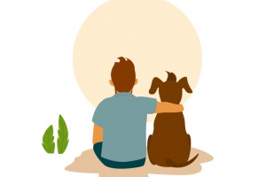 man and his best friend dog cuddle hug, backside view cute cartoon vector illustration scene